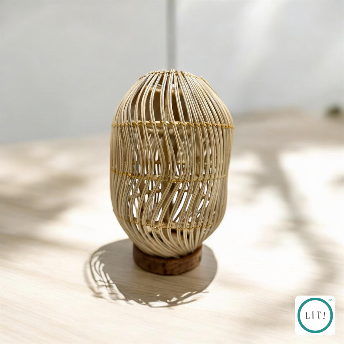 Rustic cane and log table lamp with natural finish