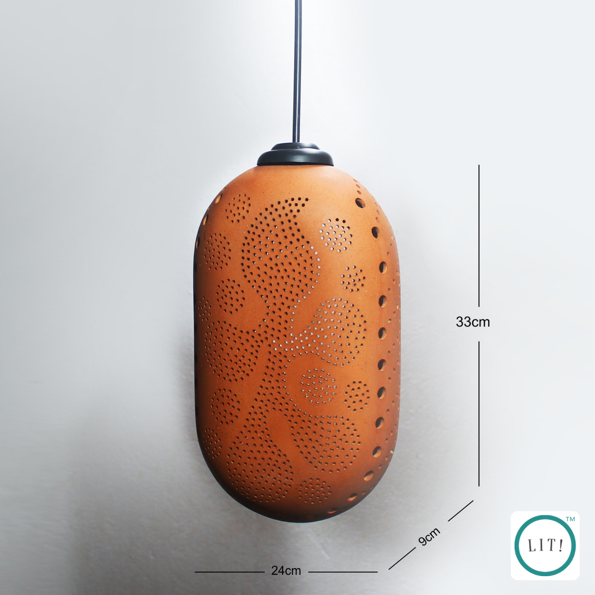 Minimalist terracotta ceiling lamp in capsule silhouette