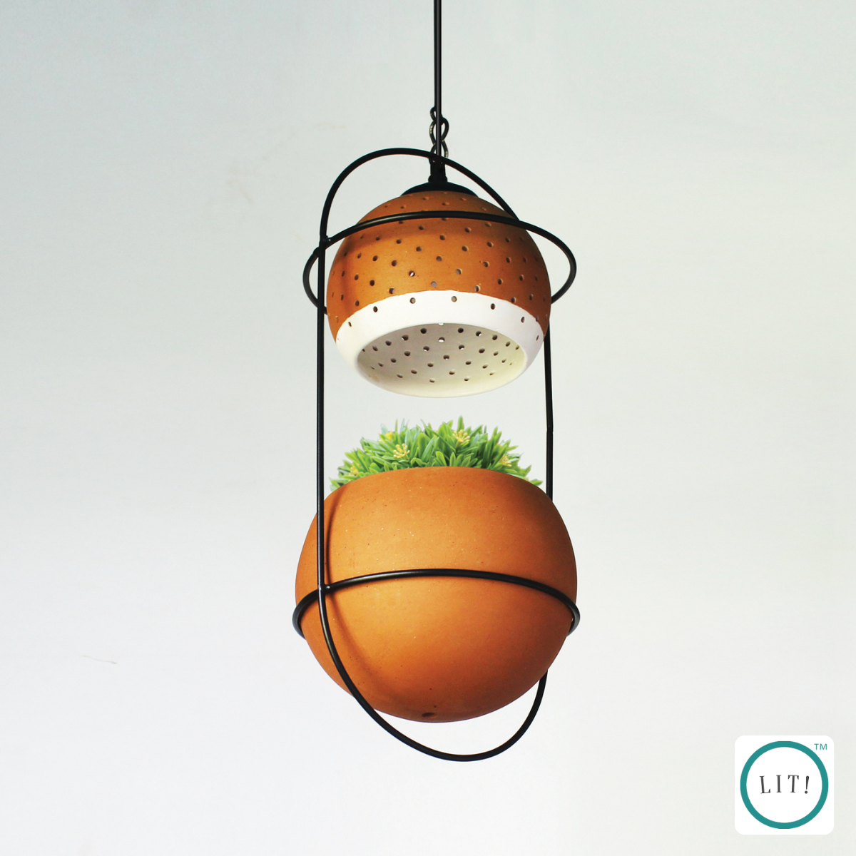 Terracotta hanging light with built-in planter