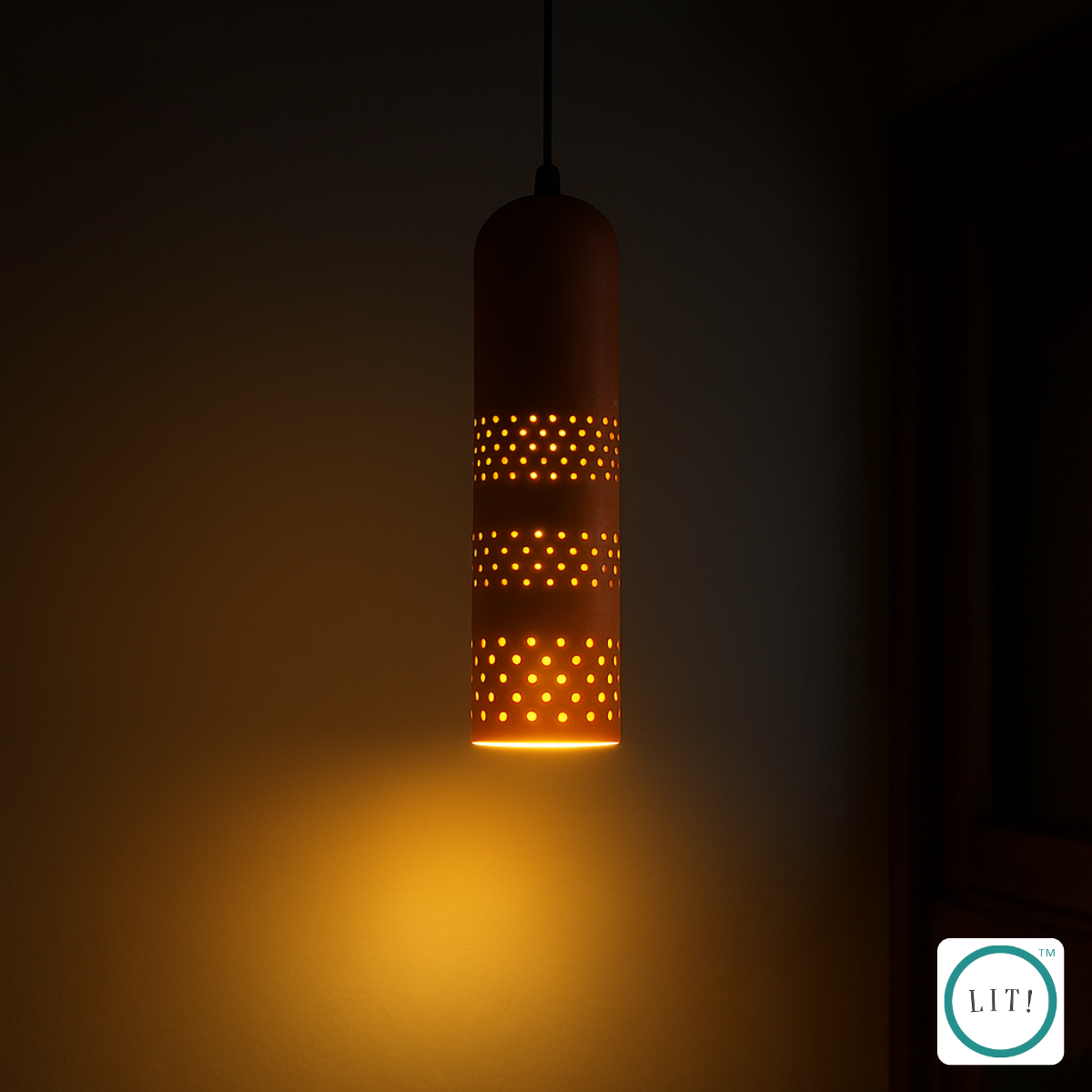 Handcrafted Terracotta Tube Pendant Light_Rustic_Earthy Accent Decorative pendant light with a patterned design.