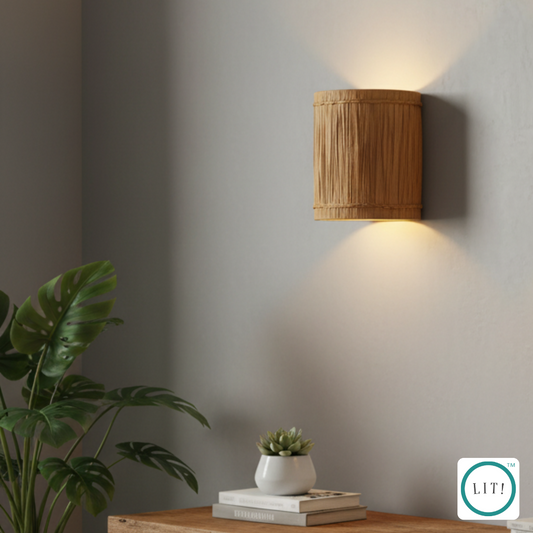 Beige Textured Raffia Cylinder Wall Lamp – Contemporary & Natural Lighting